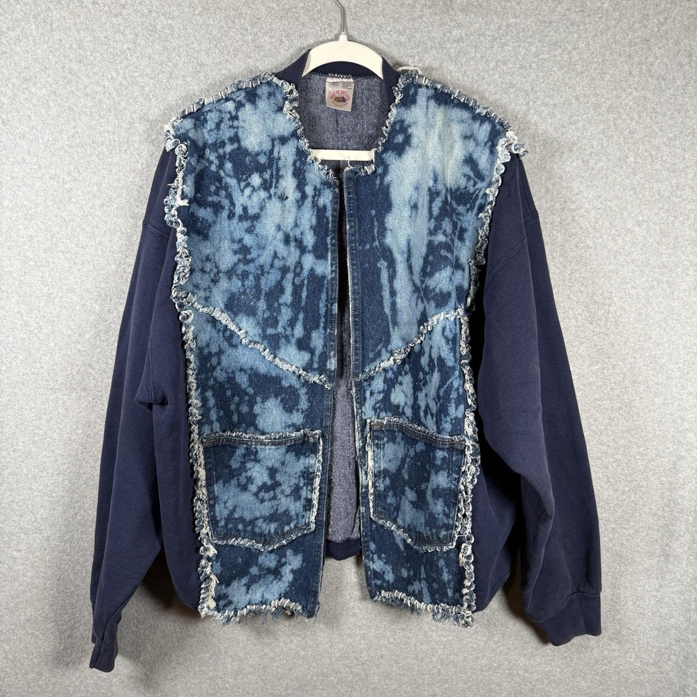 Vintage Handmade Jacket Mens XXL Blue Open Denim Sweatshirt